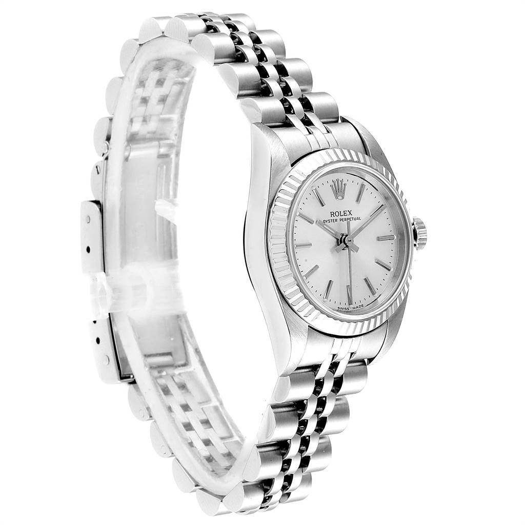 The image shows a side view of a Rolex Oyster Perpetual 76094 Women's Stainless Steel Silver Dial 76094 Women's Stainless Steel Silver Dial watch, displaying the face and bracelet in a partially open position.