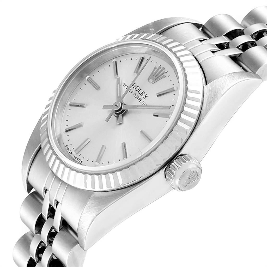 The image shows a close-up angled view of a Rolex Oyster Perpetual 76094 Women's Stainless Steel Silver Dial 76094 Women's Stainless Steel Silver Dial watch, displaying its face, crown, and part of the bracelet.