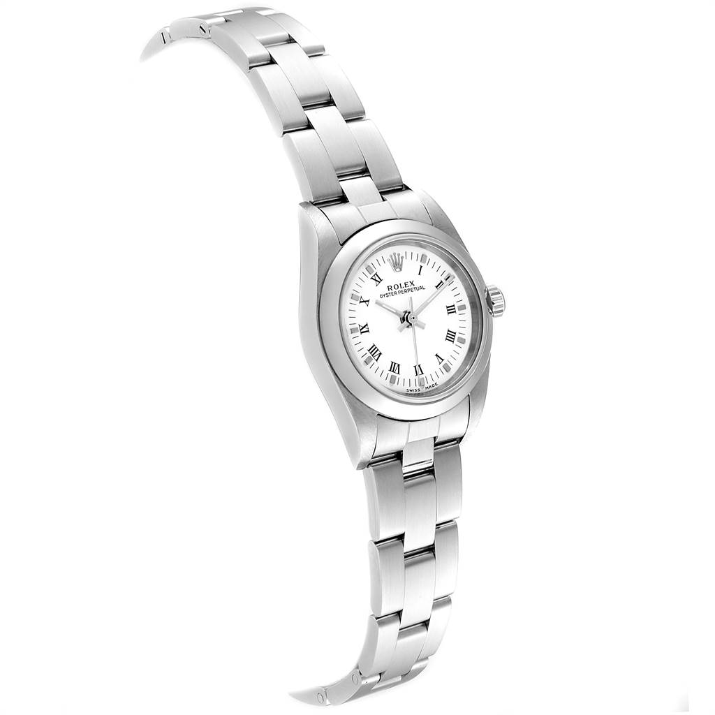 The image shows a front angle of the Rolex Oyster Perpetual 76080 Women
s Stainless Steel White Dial 76080 Women
s Stainless Steel White Dial watch, highlighting its face, bezel, and bracelet.