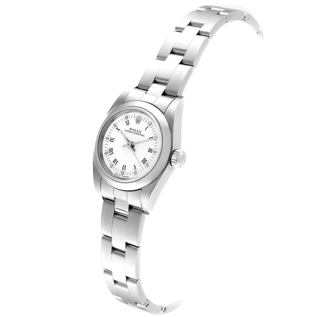 The image shows a Rolex Oyster Perpetual 76080 Women
s Stainless Steel White Dial 76080 Women
s Stainless Steel White Dial watch, featuring the case, dial, bracelet, and crown from a side angle.