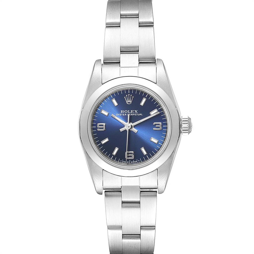 The Rolex Oyster Perpetual 76080 Women's Stainless Steel Blue Dial 76080 Women's Stainless Steel Blue Dial watch is shown from a direct frontal angle, displaying its blue dial, stainless steel case, and bracelet.