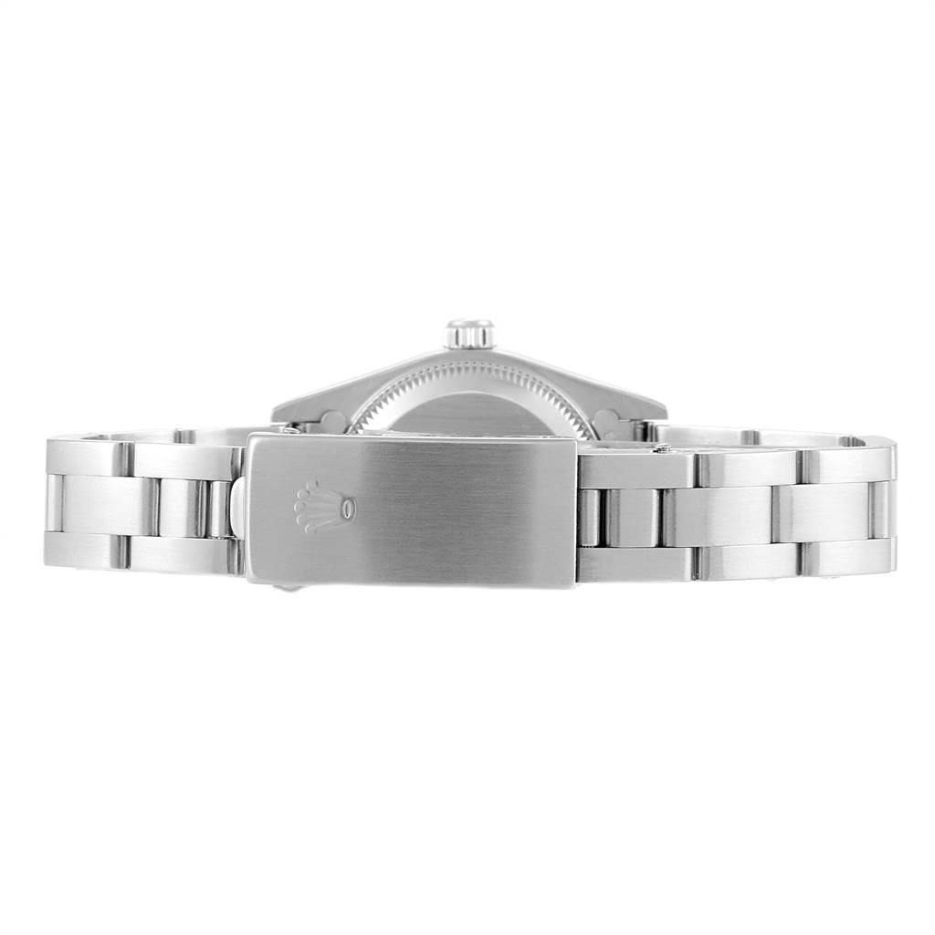 This image shows the clasp and partial bracelet of a Rolex Oyster Perpetual 76080 Women's Stainless Steel Blue Dial 76080 Women's Stainless Steel Blue Dial watch from a direct rear angle.