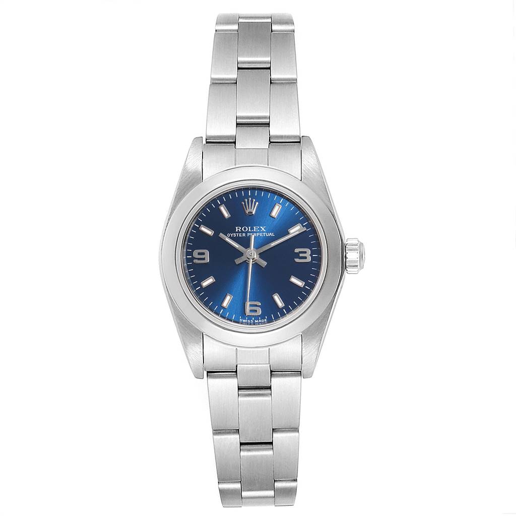 The image shows a front view of a Rolex Oyster Perpetual 76080 Women's Stainless Steel Blue Dial 76080 Women's Stainless Steel Blue Dial watch, displaying its blue dial, silver bracelet, and crown.