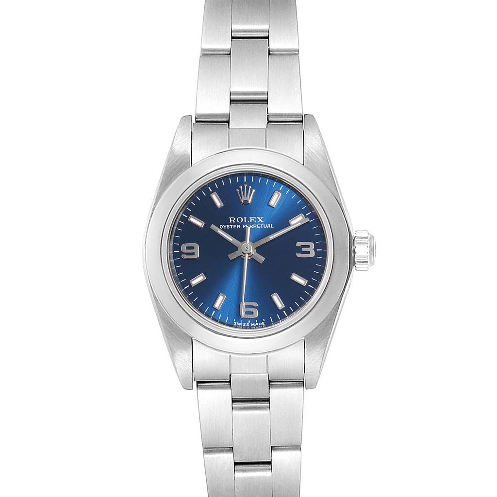 The Rolex Oyster Perpetual 76080 Women's Stainless Steel Blue Dial 76080 Women's Stainless Steel Blue Dial watch is shown from a top-down angle, featuring its face, bezel, and stainless steel bracelet.