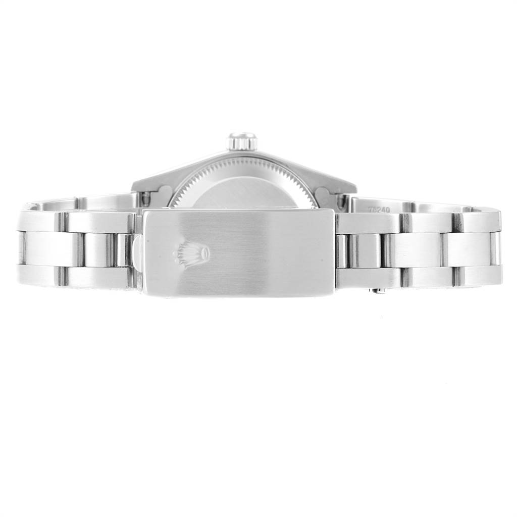The image shows the back view of a Rolex Oyster Perpetual 76080 Women's Stainless Steel Blue Dial 76080 Women's Stainless Steel Blue Dial watch, focusing on the clasp and bracelet.