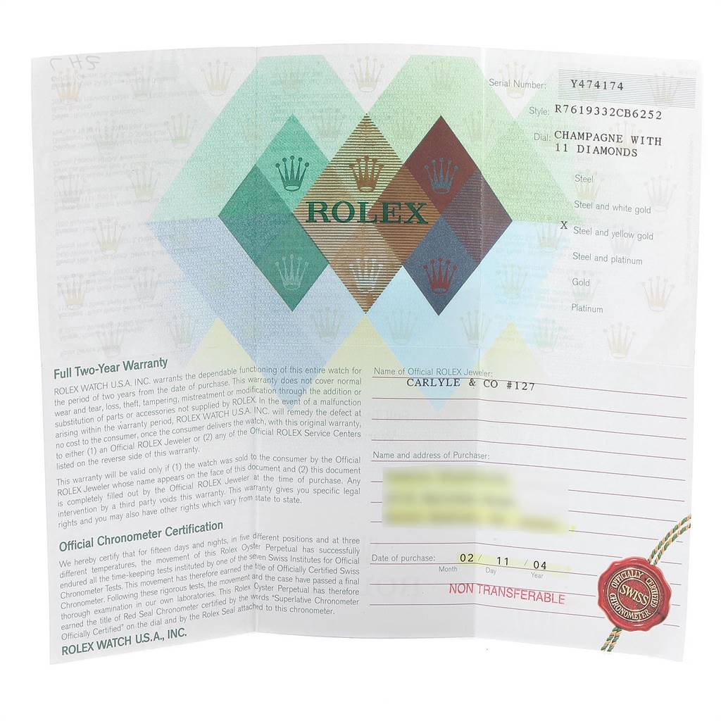 This image shows the warranty certificate and official chronometer certification for a Rolex Oyster Perpetual 76193 Women
s Steel and Gold (two tone) Champagne Dial 76193 Women
s Steel and Gold (two tone) Champagne Dial watch.