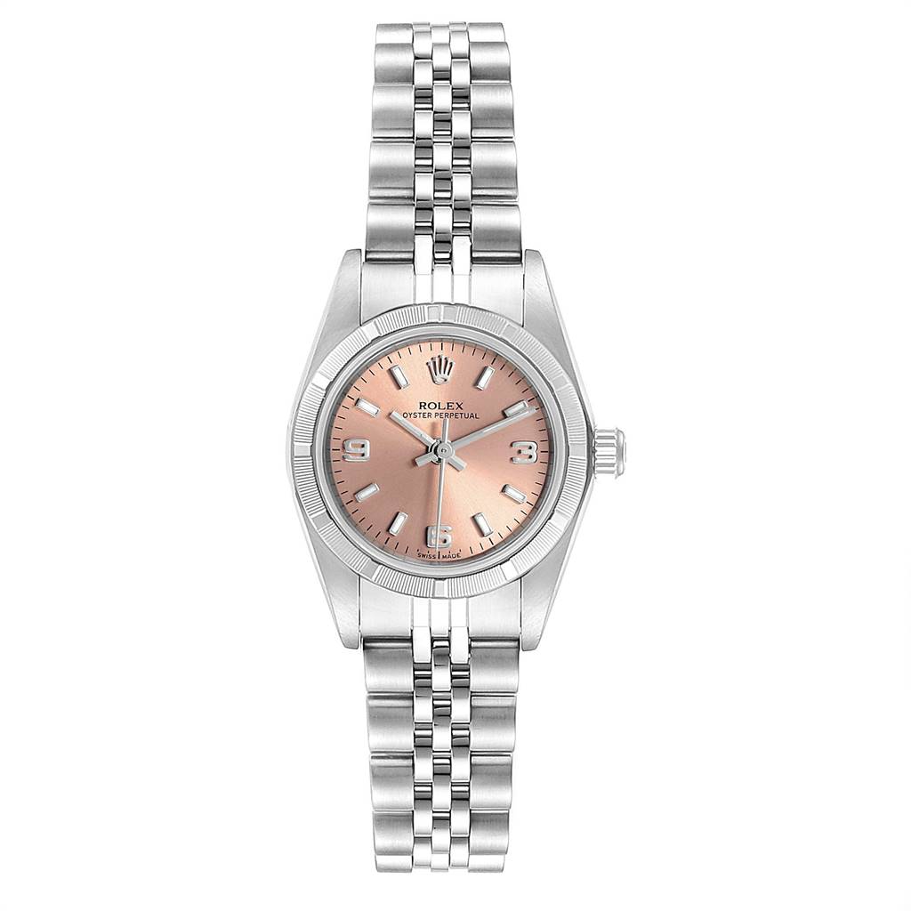 This image shows a front view of a Rolex Oyster Perpetual 76030 Women's Stainless Steel Pink Dial 76030 Women's Stainless Steel Pink Dial watch, highlighting the dial, hands, case, and bracelet.