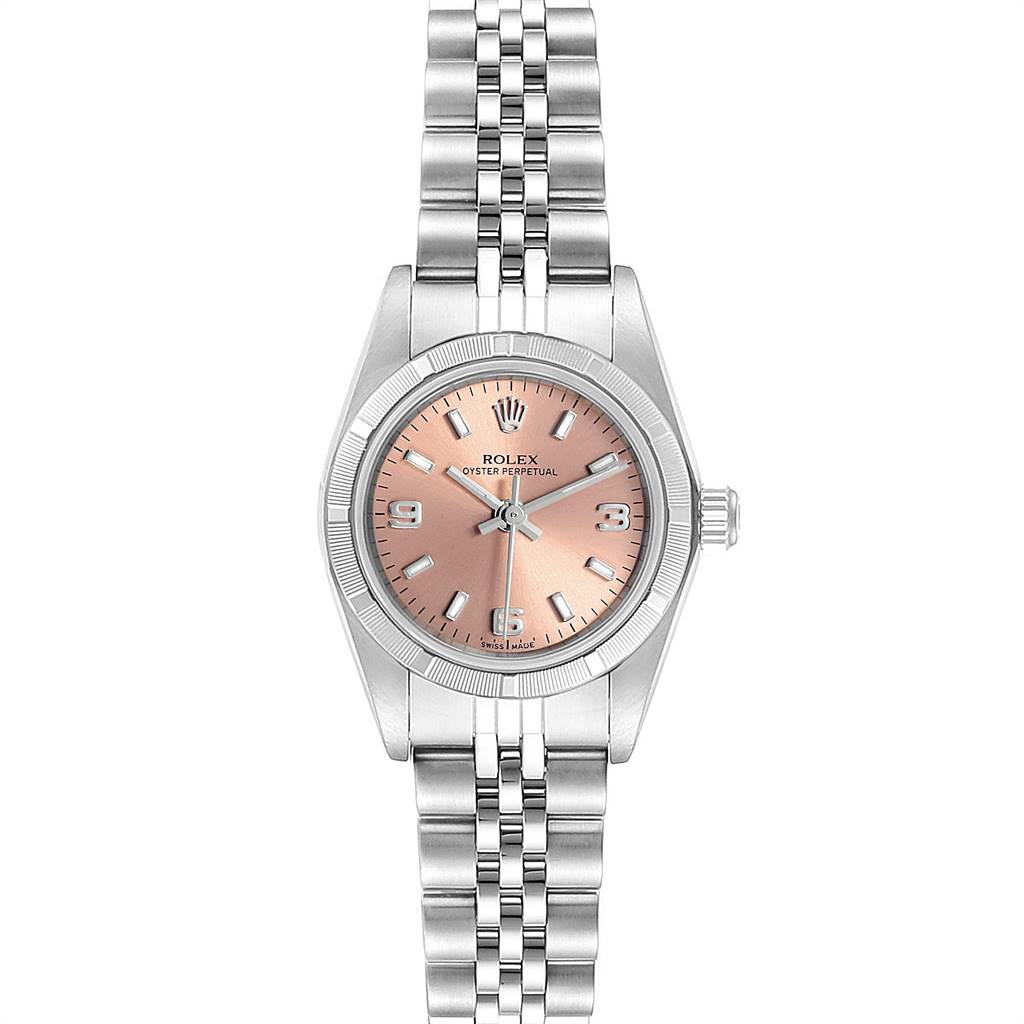 This image shows a front view of a Rolex Oyster Perpetual 76030 Women's Stainless Steel Pink Dial 76030 Women's Stainless Steel Pink Dial watch with a pink dial and stainless steel bracelet.