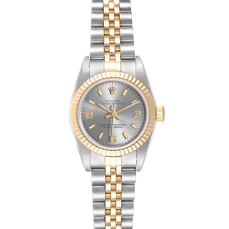 Rolex Oyster Perpetual Steel Yellow Gold Fluted Bezel Ladies Watch 67193 SwissWatchExpo
