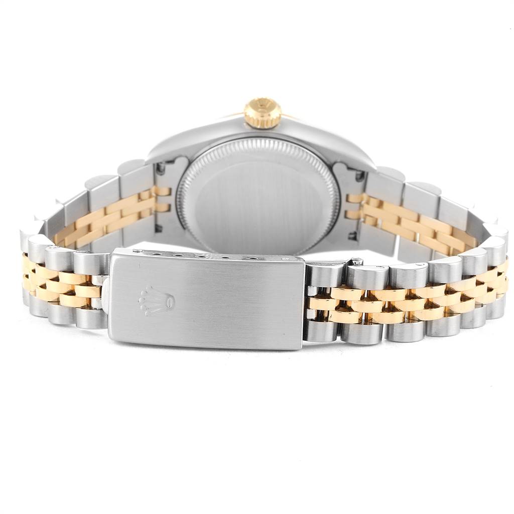 This image shows the back view of a Rolex Oyster Perpetual 67193 Women's Steel and Gold (two tone) Grey Dial 67193 Women's Steel and Gold (two tone) Grey Dial watch, focusing on the case back, the crown, and the bi-color metal bracelet.