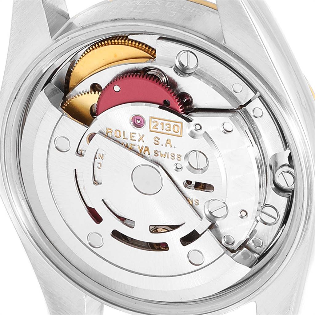 This image shows the internal movement mechanism of a Rolex Oyster Perpetual 67193 Women's Stainless Steel Champagne Dial 67193 Women's Stainless Steel Champagne Dial watch, viewed from the back.