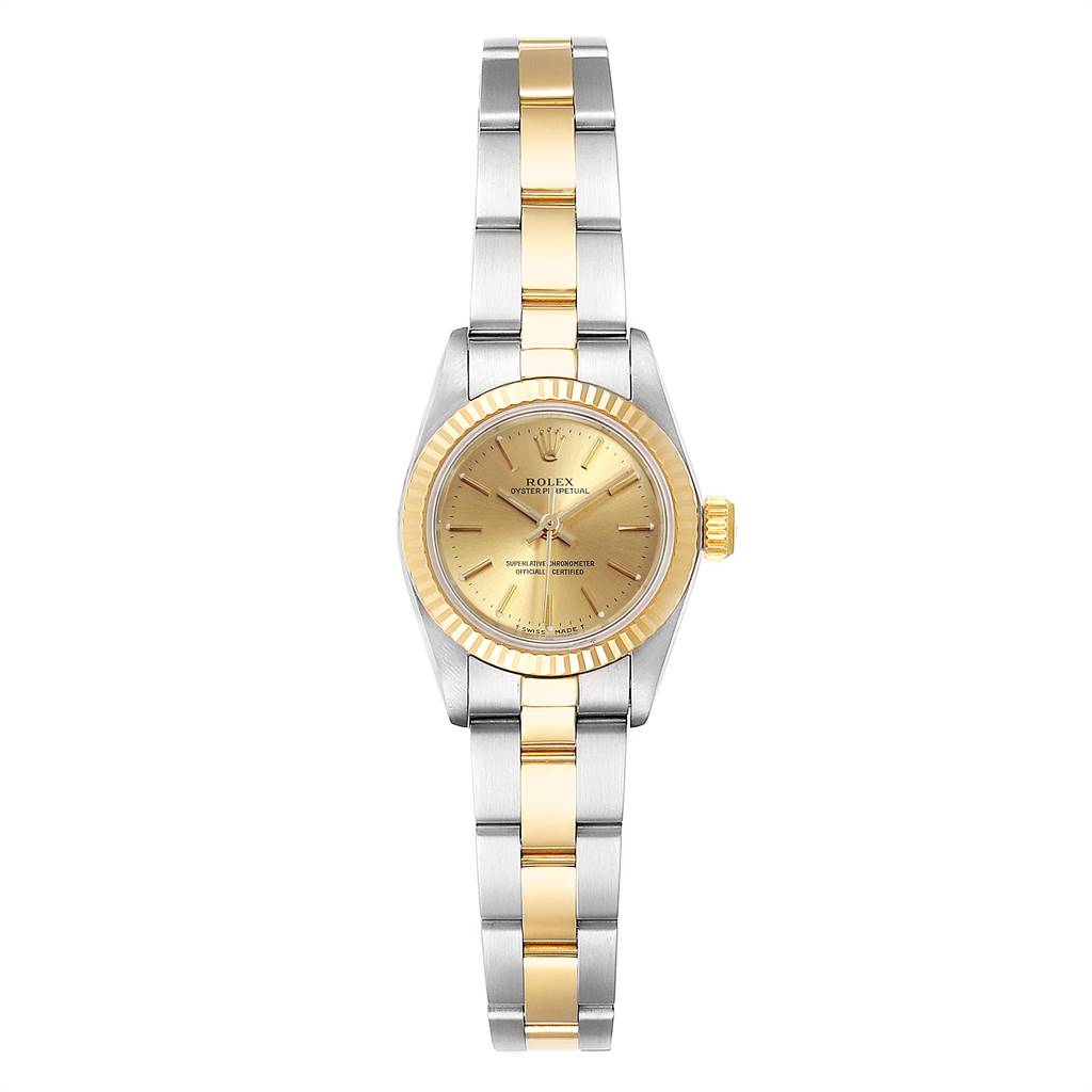 The image depicts a Rolex Oyster Perpetual 67193 Women's Stainless Steel Champagne Dial 67193 Women's Stainless Steel Champagne Dial watch from a front angle, showcasing the dial, bezel, and two-tone bracelet.