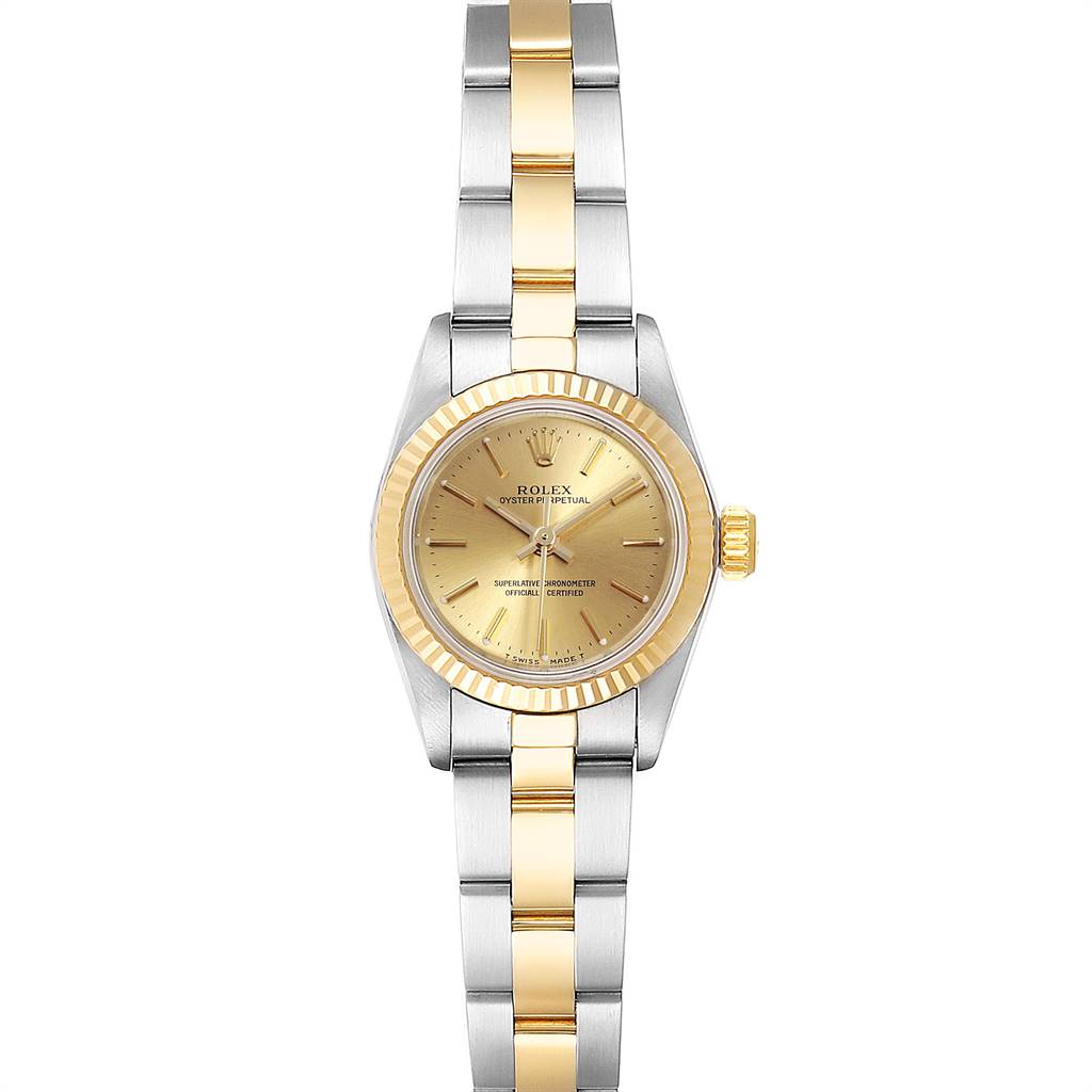 The image shows a front view of the Rolex Oyster Perpetual 67193 Women's Stainless Steel Champagne Dial 67193 Women's Stainless Steel Champagne Dial watch, displaying the dial, bezel, and part of the bracelet.