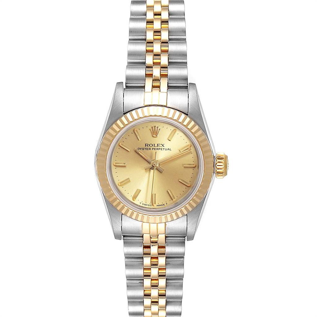 The image shows a Rolex Oyster Perpetual 67193 Women
s Steel and Gold (two tone) Champagne Dial 67193 Women
s Steel and Gold (two tone) Champagne Dial watch captured from the front, displaying the dial, bezel, case, and bracelet.