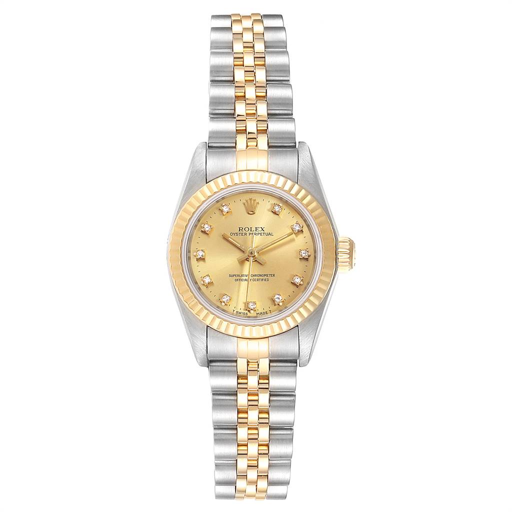This image shows a front view of a Rolex Oyster Perpetual 67193 Women
s Steel and Gold (two tone) Champagne Dial 67193 Women
s Steel and Gold (two tone) Champagne Dial watch, featuring a gold dial, gold fluted bezel, and a two-tone bracelet.