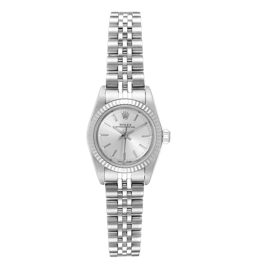 The Rolex Oyster Perpetual 76094 Women's Stainless Steel Silver Dial 76094 Women's Stainless Steel Silver Dial watch is shown from a straight-on angle, displaying the face, bezel, case, bracelet, and crown.