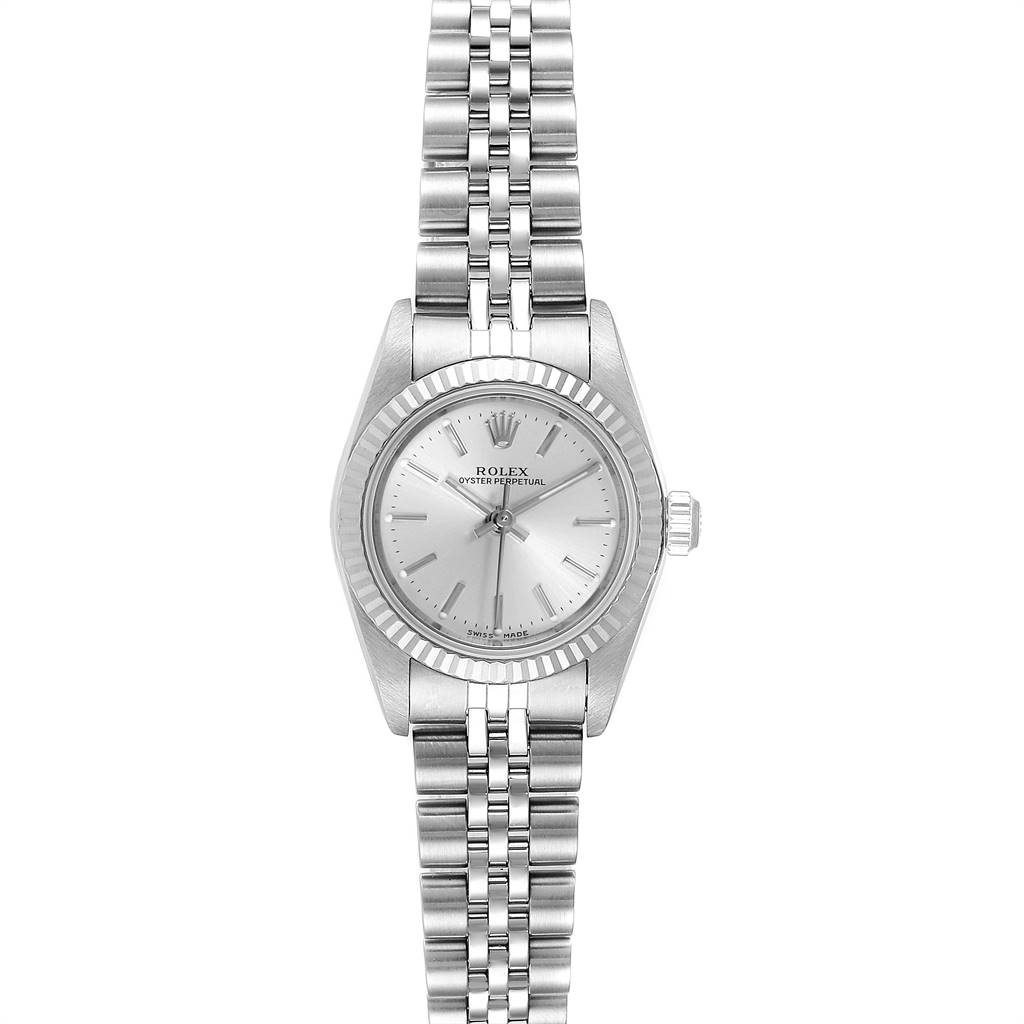 The image shows a front-facing view of a Rolex Oyster Perpetual 76094 Women's Stainless Steel Silver Dial 76094 Women's Stainless Steel Silver Dial watch, highlighting the dial, bezel, and stainless steel bracelet.