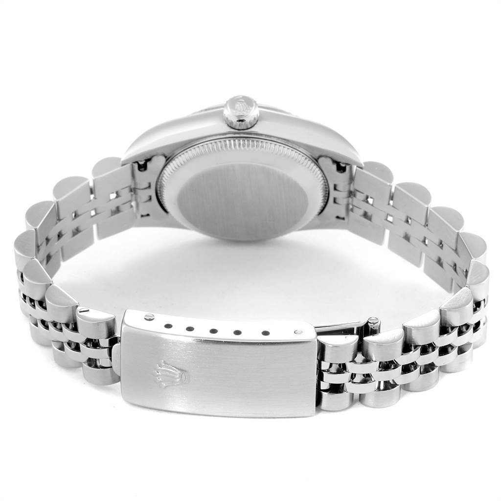 The image shows the back view and clasp of a Rolex Oyster Perpetual 76094 Women's Stainless Steel Silver Dial 76094 Women's Stainless Steel Silver Dial watch, highlighting the bracelet and case back.