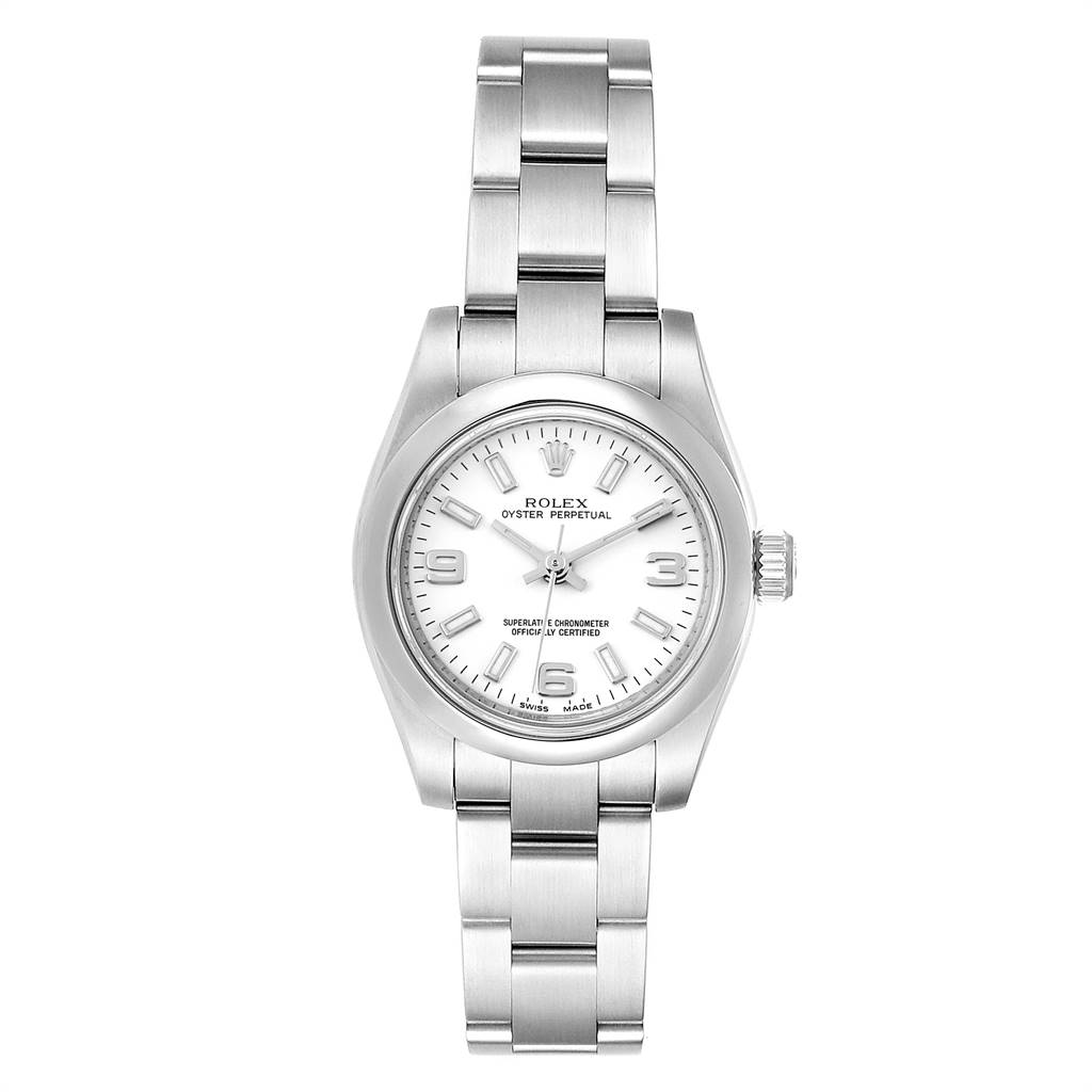 This image shows the front view of a Rolex Oyster Perpetual 176200 Women's Stainless Steel White Dial 176200 Women's Stainless Steel White Dial watch, displaying the dial, case, and bracelet.