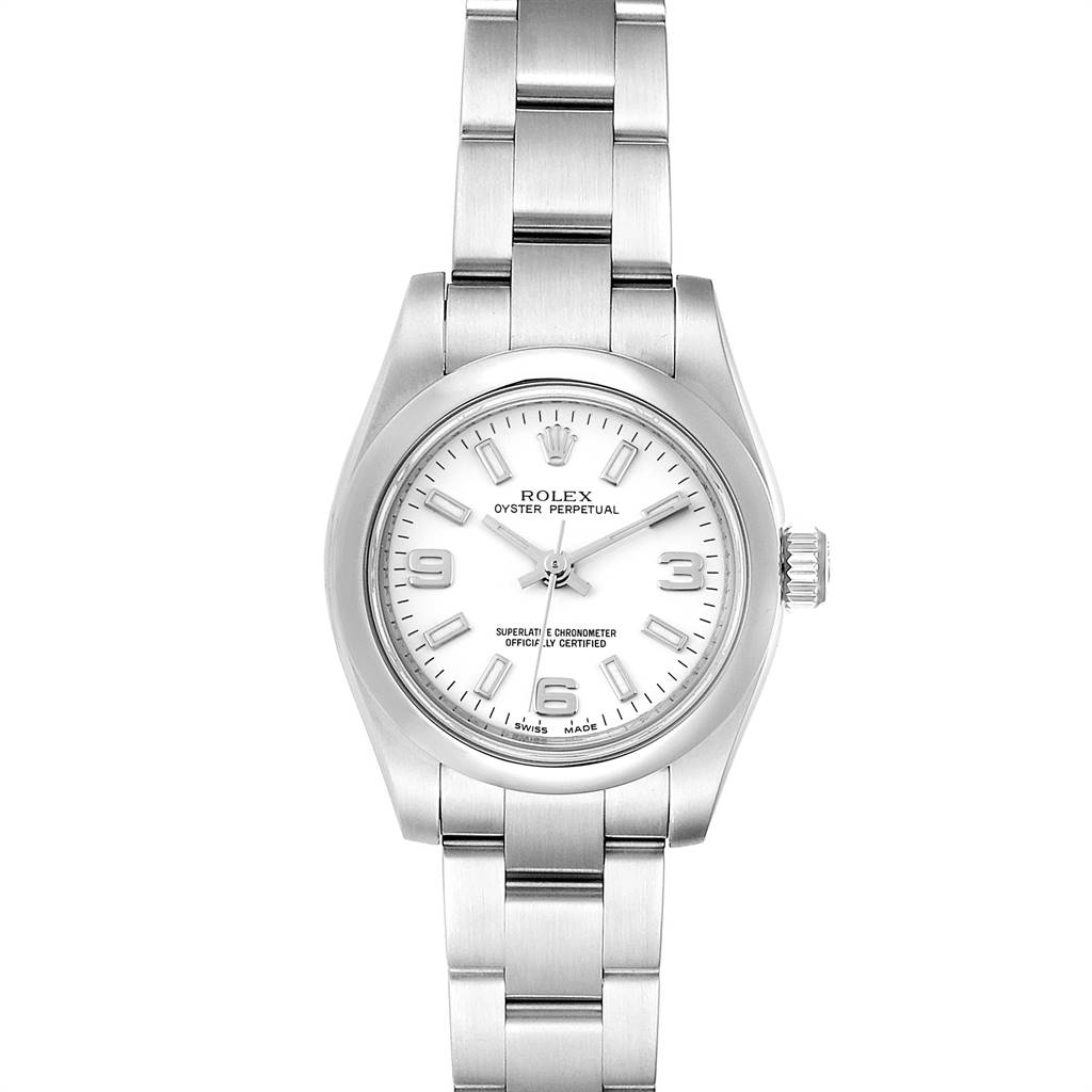 This image shows a front view of a Rolex Oyster Perpetual 176200 Women's Stainless Steel White Dial 176200 Women's Stainless Steel White Dial watch, displaying the dial, case, and bracelet.