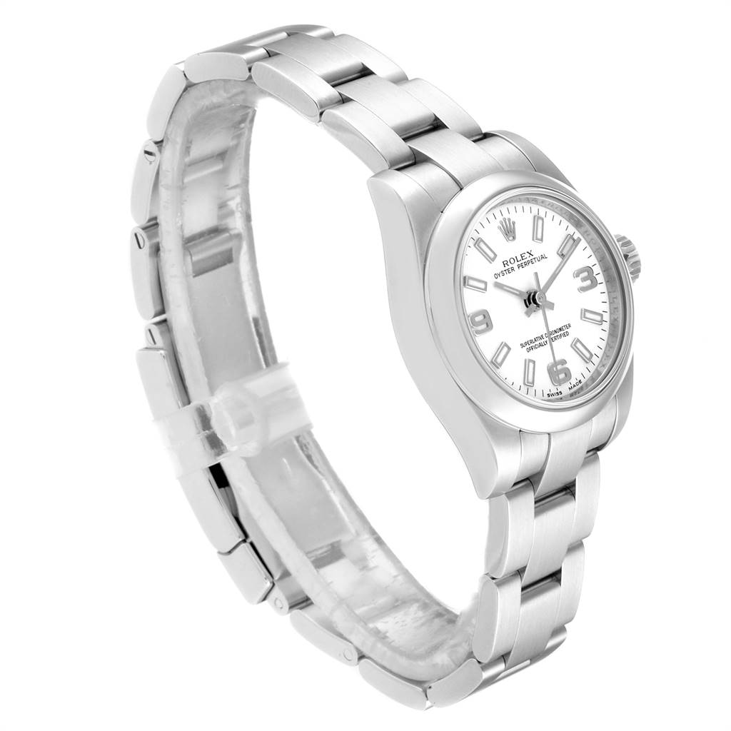 The Rolex Oyster Perpetual 176200 Women's Stainless Steel White Dial 176200 Women's Stainless Steel White Dial watch is shown at an angle highlighting the bracelet, case, and dial.