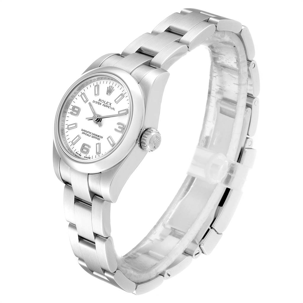 The image shows a side angle view of the Rolex Oyster Perpetual 176200 Women's Stainless Steel White Dial 176200 Women's Stainless Steel White Dial watch, highlighting its bracelet, crown, and dial.