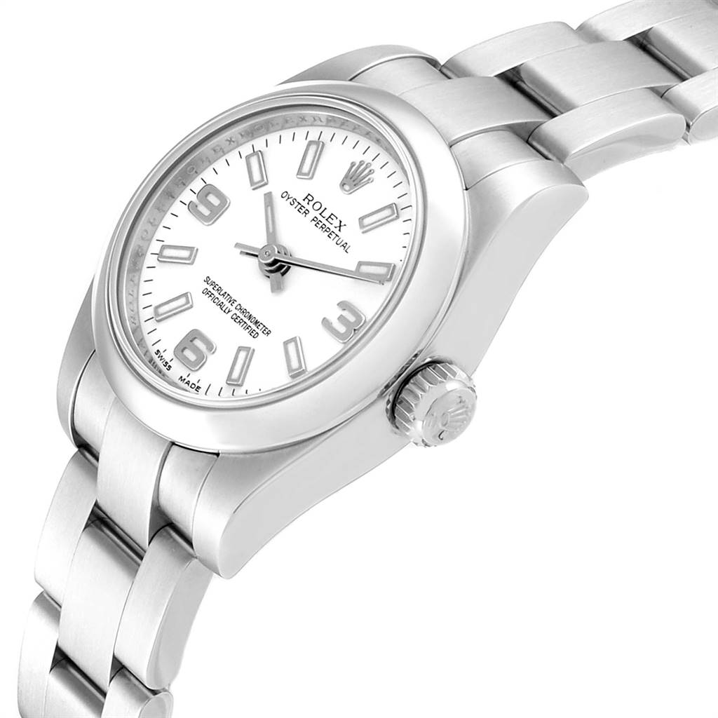This image shows a Rolex Oyster Perpetual 176200 Women's Stainless Steel White Dial 176200 Women's Stainless Steel White Dial watch at an angled view highlighting the dial, case, crown, and bracelet.