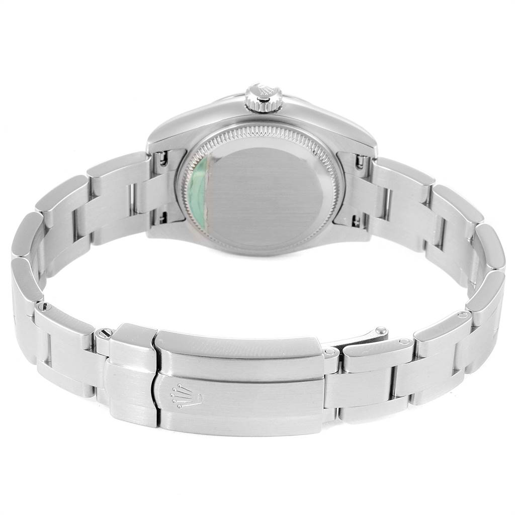The image shows the back and clasp of a Rolex Oyster Perpetual 176200 Women's Stainless Steel White Dial 176200 Women's Stainless Steel White Dial watch from a rear view angle.