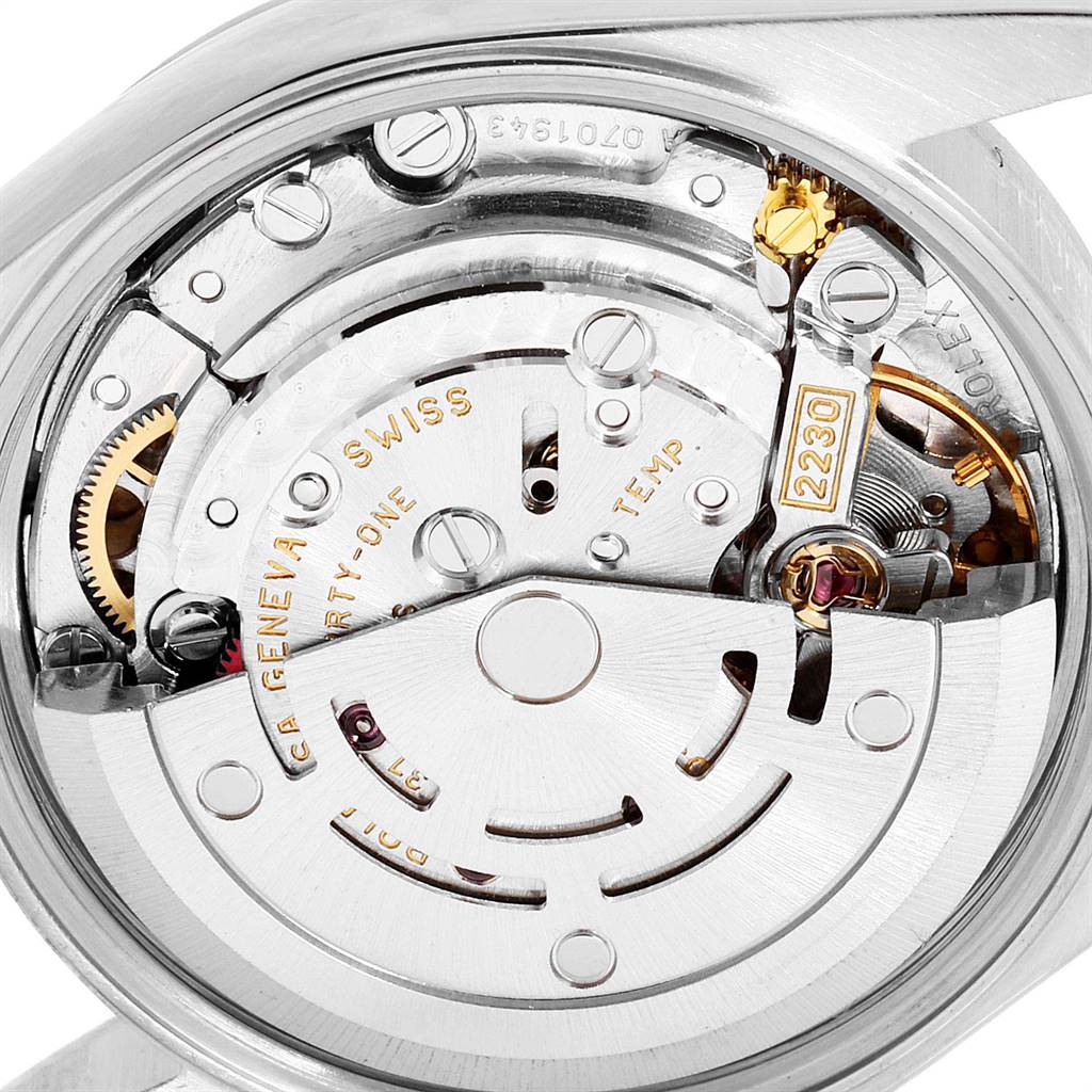 This image shows a close-up view of the movement inside the Rolex Oyster Perpetual 76030 Women
s Stainless Steel Blue Dial 76030 Women
s Stainless Steel Blue Dial model watch.