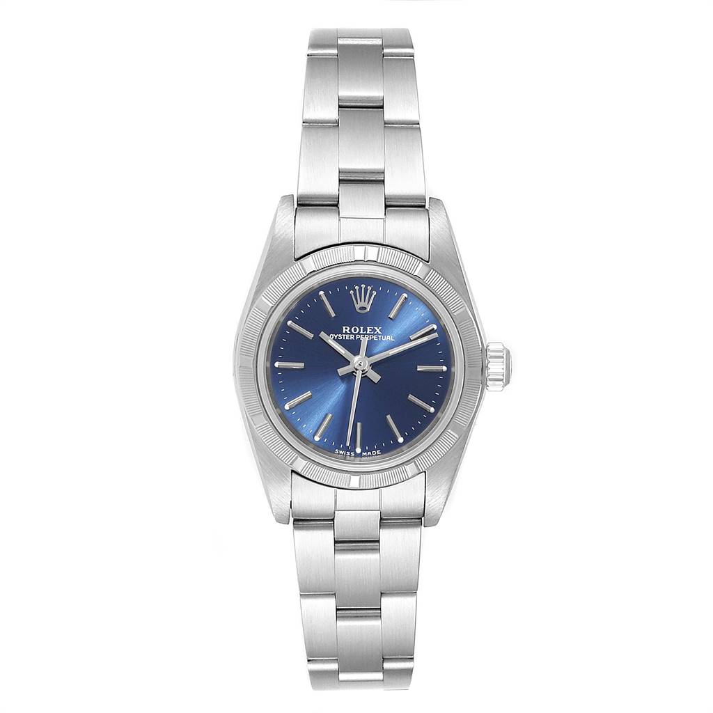 This Rolex Oyster Perpetual 76030 Women
s Stainless Steel Blue Dial 76030 Women
s Stainless Steel Blue Dial watch is shown from a top-down angle, displaying the dial, bezel, and bracelet.