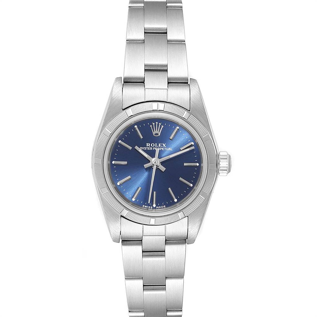 The image shows a front view of a Rolex Oyster Perpetual 76030 Women
s Stainless Steel Blue Dial 76030 Women
s Stainless Steel Blue Dial watch, displaying the dial, bezel, lugs, and bracelet.
