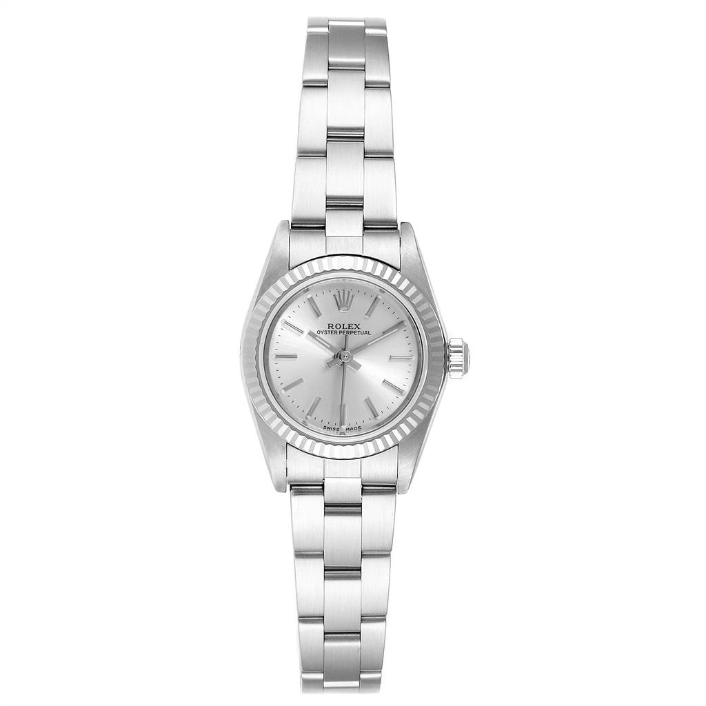 This is a front view of the Rolex Oyster Perpetual 76094 Women's Stainless Steel Silver Dial 76094 Women's Stainless Steel Silver Dial watch showing the full face, bezel, and bracelet.