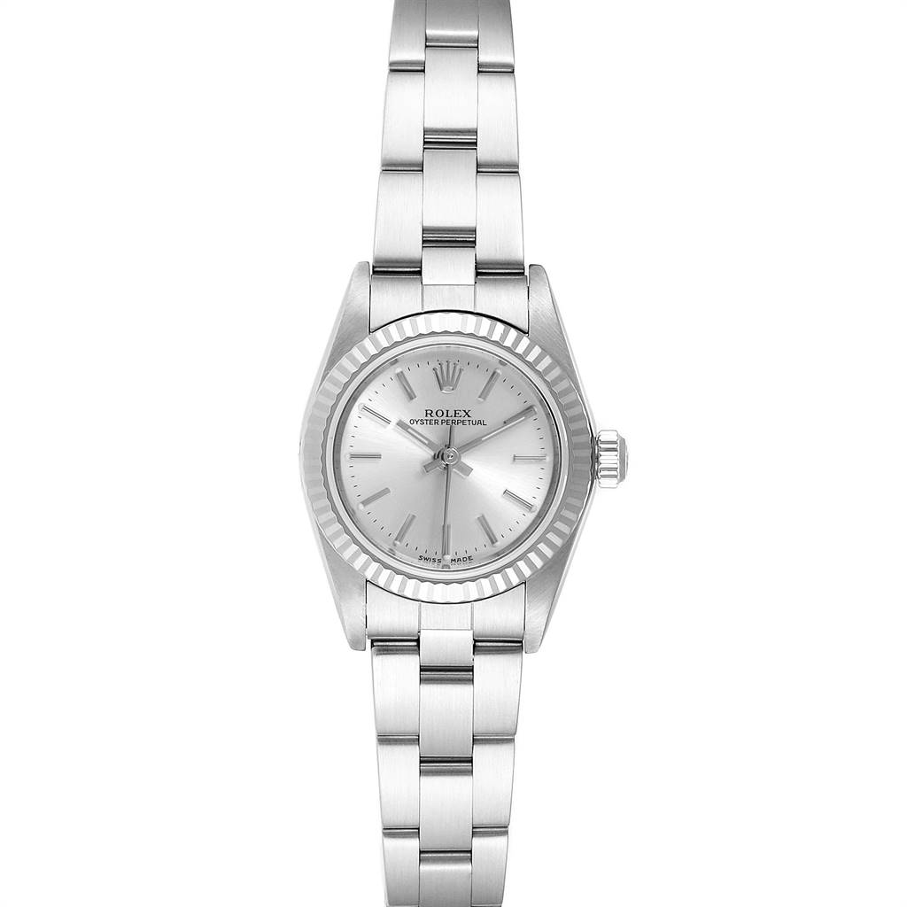 This image shows a front view of a Rolex Oyster Perpetual 76094 Women's Stainless Steel Silver Dial 76094 Women's Stainless Steel Silver Dial watch, highlighting its dial, bezel, crown, and bracelet.