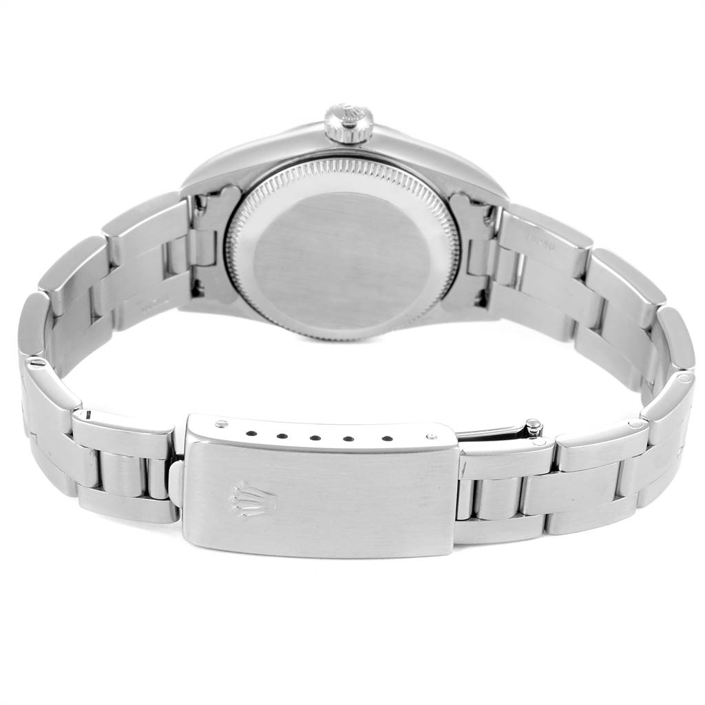 The image shows the back of a Rolex Oyster Perpetual 76094 Women's Stainless Steel Silver Dial 76094 Women's Stainless Steel Silver Dial watch, highlighting the clasp and band.