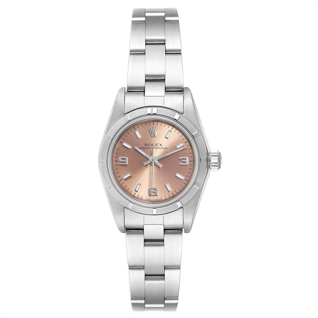 The image shows a front view of a Rolex Oyster Perpetual 76030 Women's Stainless Steel Pink Dial 76030 Women's Stainless Steel Pink Dial watch, highlighting its silver bracelet and pink dial.