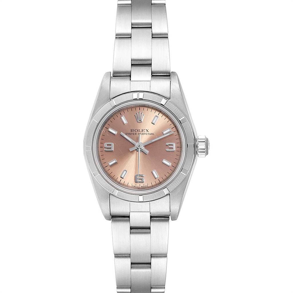This Rolex Oyster Perpetual 76030 Women's Stainless Steel Pink Dial 76030 Women's Stainless Steel Pink Dial watch is shown from a front view, displaying the full dial, bezel, crown, and bracelet.