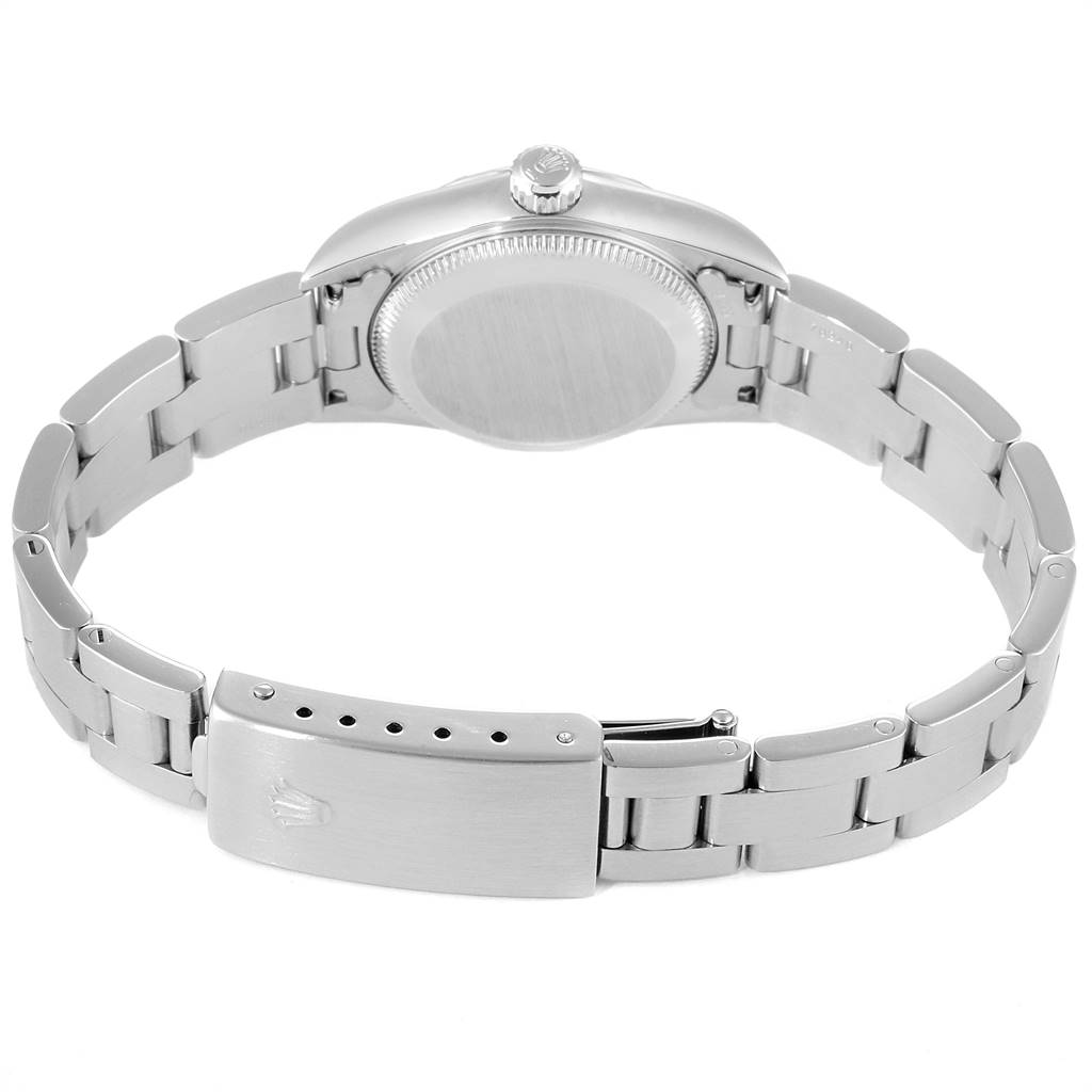 The image shows the back view of a Rolex Oyster Perpetual 76030 Women's Stainless Steel Pink Dial 76030 Women's Stainless Steel Pink Dial watch, focusing on the bracelet, clasp, and case back.