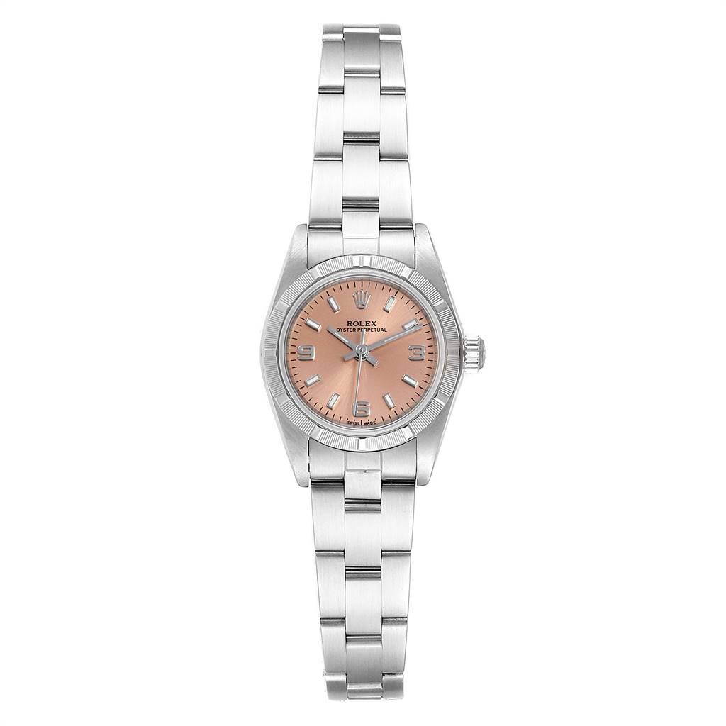 The Rolex Oyster Perpetual 76030 Women's Stainless Steel Pink Dial 76030 Women's Stainless Steel Pink Dial watch is shown from the front, displaying the entire dial, bezel, and bracelet.