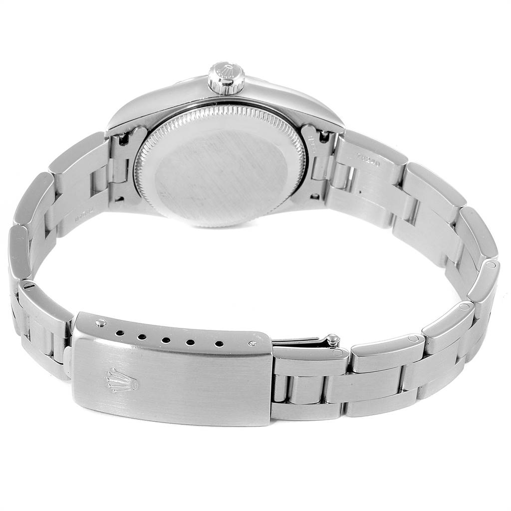 This image shows the back view of the Rolex Oyster Perpetual 76030 Women's Stainless Steel Pink Dial 76030 Women's Stainless Steel Pink Dial watch, highlighting the case back and bracelet clasp.