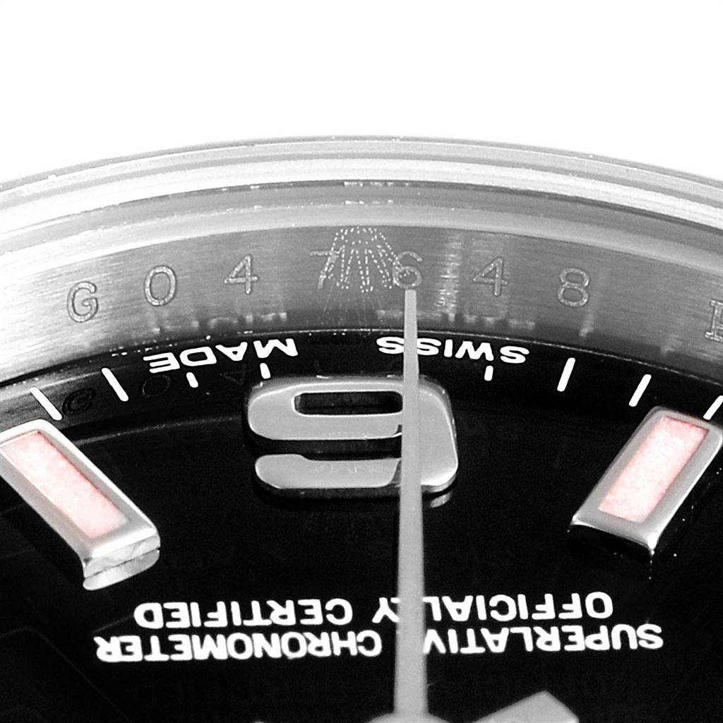 This image shows a close-up of the dial and bezel of the Rolex Oyster Perpetual 176200 Women's Stainless Steel Black Dial 176200 Women's Stainless Steel Black Dial watch.