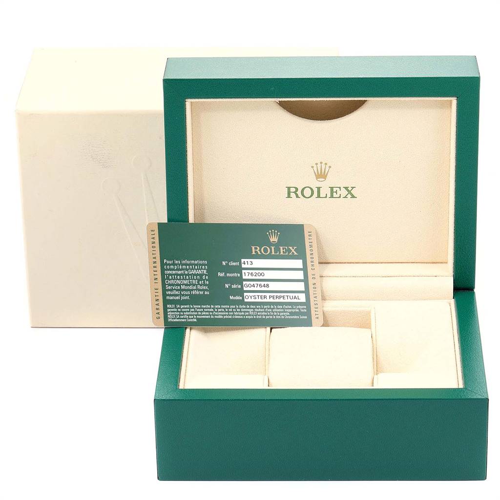 The image shows the packaging and warranty card of a Rolex Oyster Perpetual 176200 Women's Stainless Steel Black Dial 176200 Women's Stainless Steel Black Dial watch, viewed from the front.