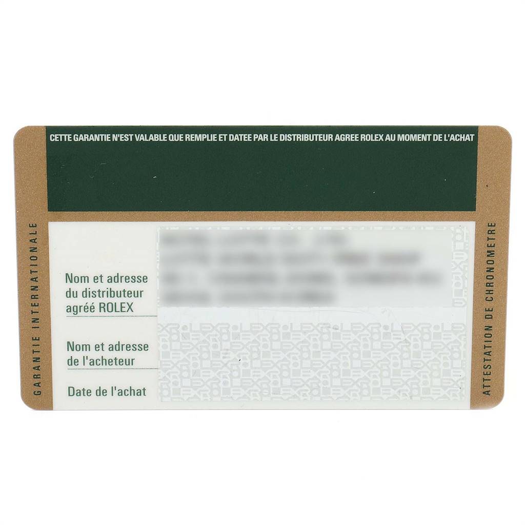 The image shows a guarantee card for the Rolex Oyster Perpetual 176200 Women's Stainless Steel Black Dial 176200 Women's Stainless Steel Black Dial watch, detailing the distributor's and buyer's information.