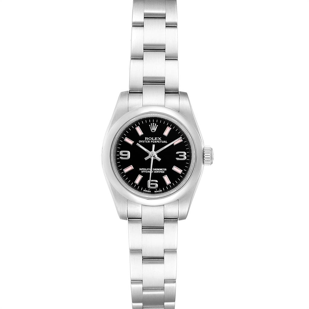 This is a front view of the Rolex Oyster Perpetual 176200 Women's Stainless Steel Black Dial 176200 Women's Stainless Steel Black Dial watch showing its face, bezel, and bracelet.