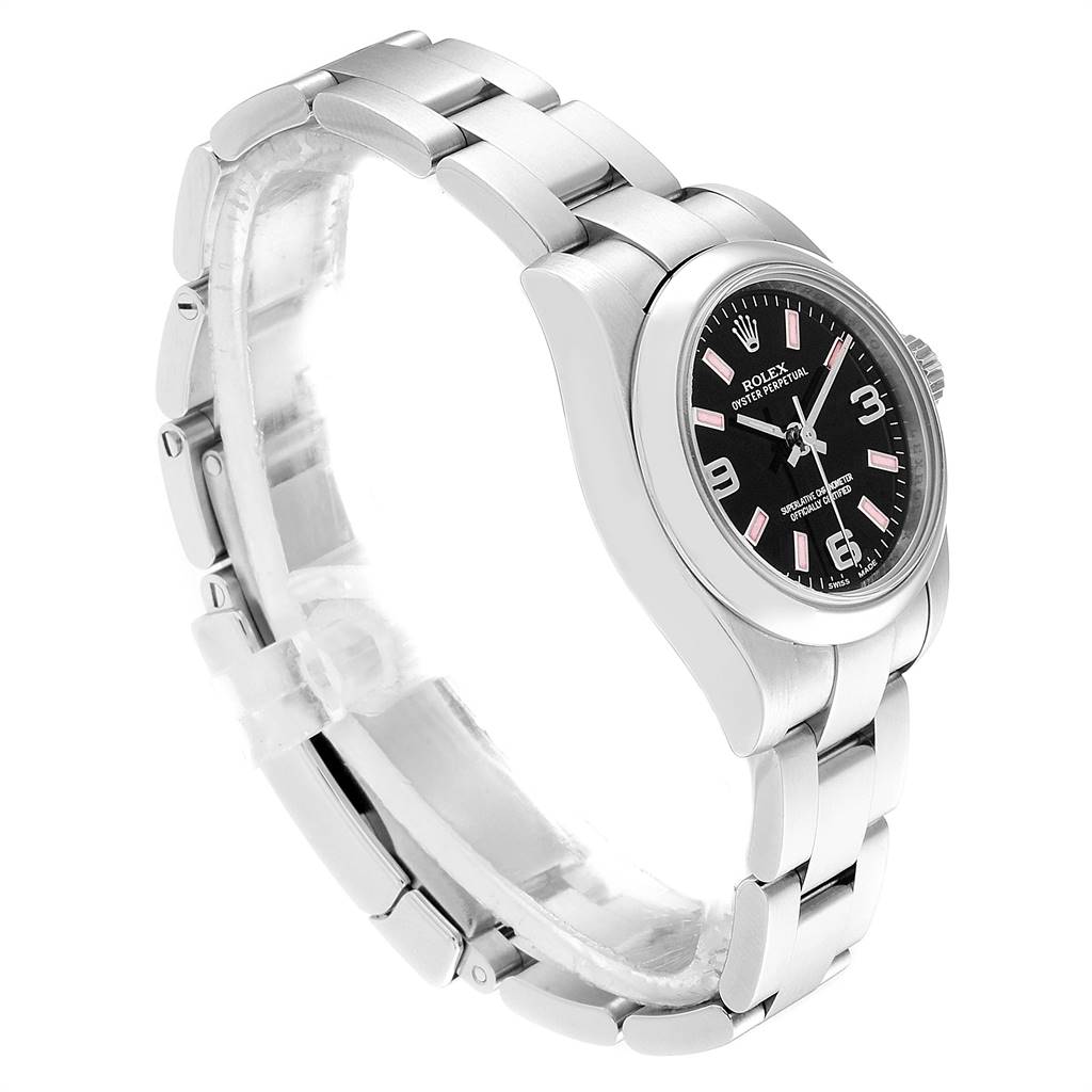 The image shows a Rolex Oyster Perpetual 176200 Women's Stainless Steel Black Dial 176200 Women's Stainless Steel Black Dial watch at a slight angle, highlighting the stainless steel band and black dial.