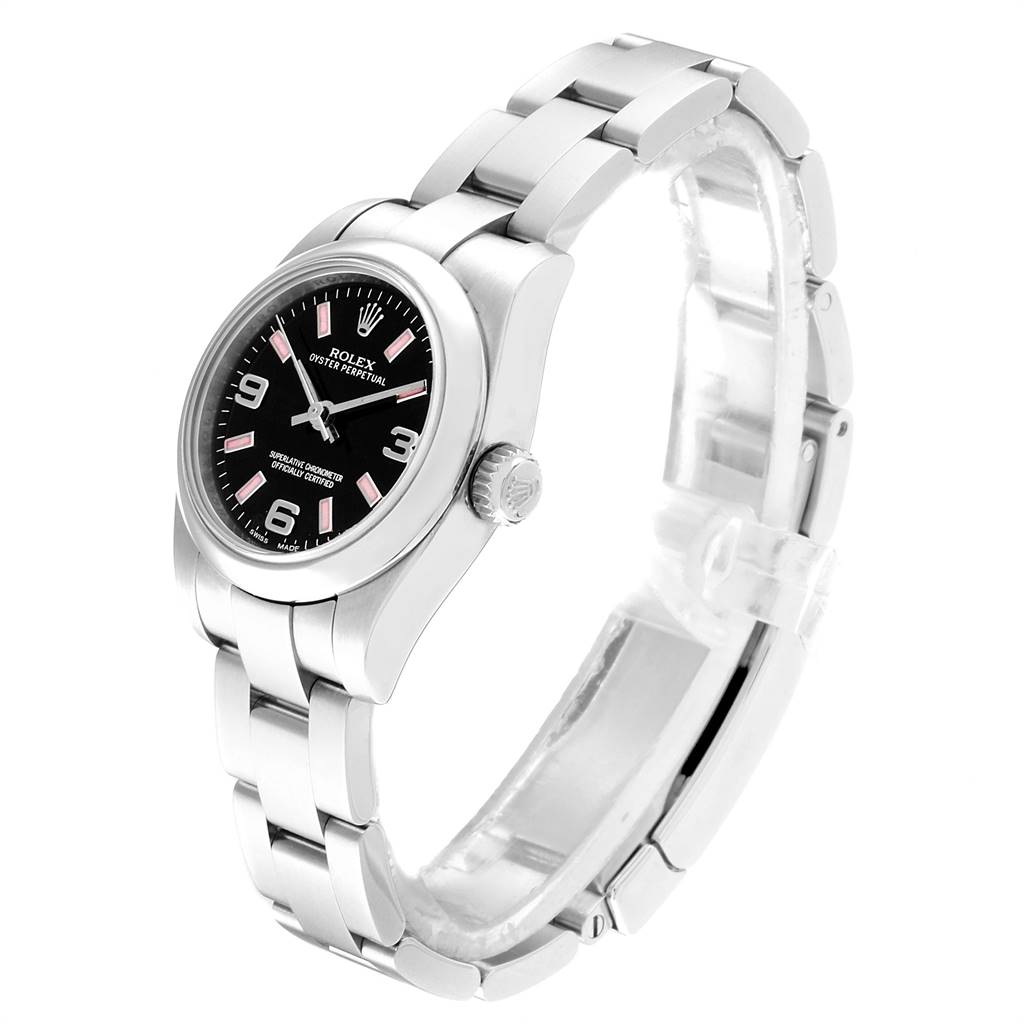 The image shows a side angle of the Rolex Oyster Perpetual 176200 Women's Stainless Steel Black Dial 176200 Women's Stainless Steel Black Dial watch, highlighting the watch face, bezel, crown, and bracelet.