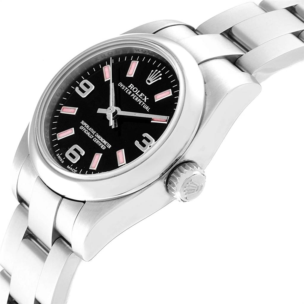 This image shows a side and partial top angle of a Rolex Oyster Perpetual 176200 Women's Stainless Steel Black Dial 176200 Women's Stainless Steel Black Dial watch, featuring its dial, crown, and bracelet.