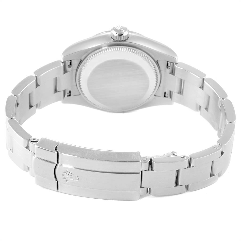 This image shows the back case and bracelet clasp of a Rolex Oyster Perpetual 176200 Women's Stainless Steel Black Dial 176200 Women's Stainless Steel Black Dial watch from a slightly top angle.