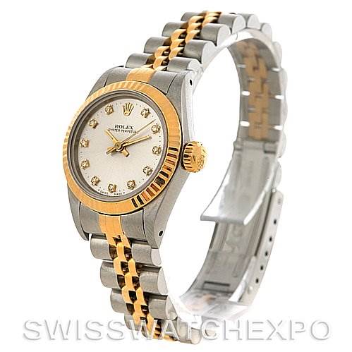 The Rolex Oyster Perpetual 67193 Women's Steel and Gold (two tone) Silver Dial 67193 Women's Steel and Gold (two tone) Silver Dial watch is shown at a side angle, highlighting its two-tone bracelet and diamond hour markers on the dial.