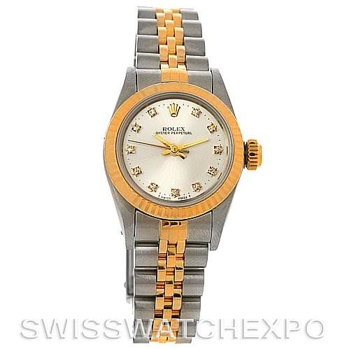 This image shows a front view of a Rolex Oyster Perpetual 67193 Women's Steel and Gold (two tone) Silver Dial 67193 Women's Steel and Gold (two tone) Silver Dial watch, highlighting its two-tone bracelet and diamond hour markers.