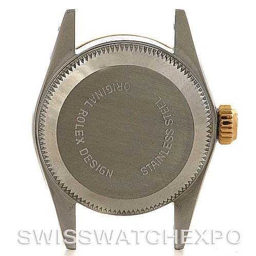 This image shows the case back and crown of a Rolex Oyster Perpetual 67193 Women's Steel and Gold (two tone) Silver Dial 67193 Women's Steel and Gold (two tone) Silver Dial model watch from the rear angle.